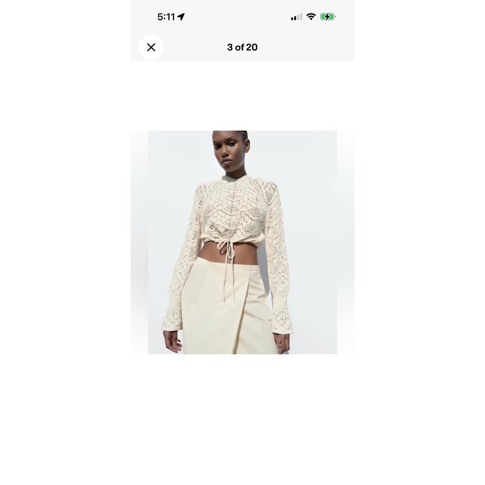 ZARA  WOMENS CREAM CROCHET OPEN KNIT HOODIE CROP TOP BELL SLEEVE BOHO SZ SM